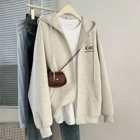 秋冬加绒连帽卫衣女2024新款爆款hiphop街头情侣装宽松大码外套潮商品大图