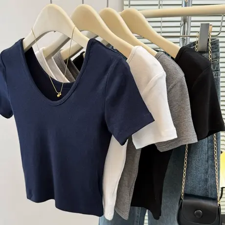 正肩V领前后两穿短袖T恤女夏季修身韩版高腰短款露脐辣妹纯欲上衣图片