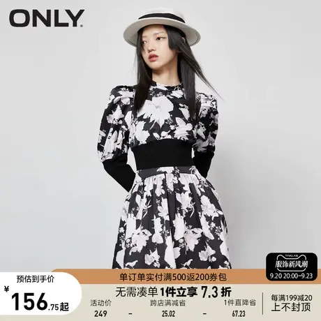 【买4免1】ONLY奥莱夏季收腰时尚短款碎花长袖拼接连衣裙女商品大图