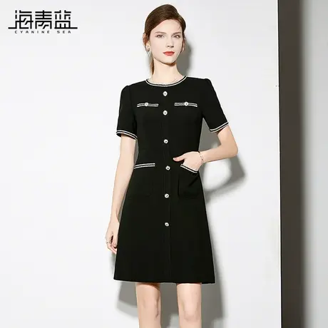 海青蓝名媛小香风连衣裙女2024夏新款圆领优雅淑女短袖通勤A字裙图片