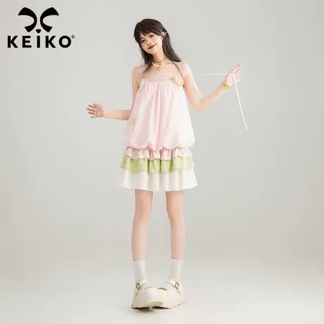 KEIKO 清纯系粉色抽绳吊带裙子夏日多巴胺穿搭拼色花苞型连衣裙图片