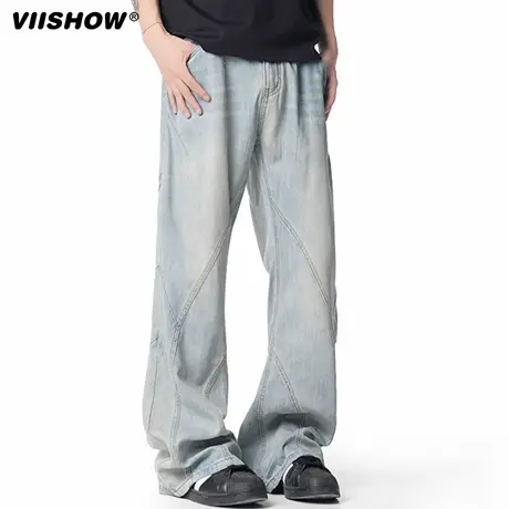 VIISHOW美式复古阔腿牛仔裤男秋高腰街头hiphop高街直筒宽松长裤商品大图
