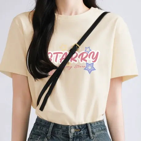 KWV真维杏色纯棉短袖t恤女夏2025新款爆款时尚洋气胖mm显瘦上衣女商品大图