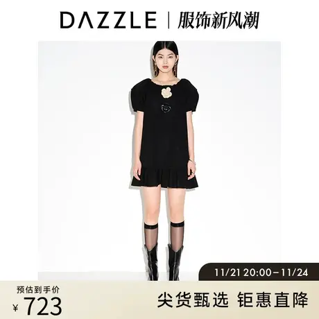 DAZZLE地素奥莱夏季花朵装饰宽松减龄黑色泡泡袖针织连衣裙女图片