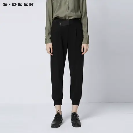 sdeer圣迪奥女装春秋装休闲松紧拼接黑色萝卜裤运动裤女S21380824图片