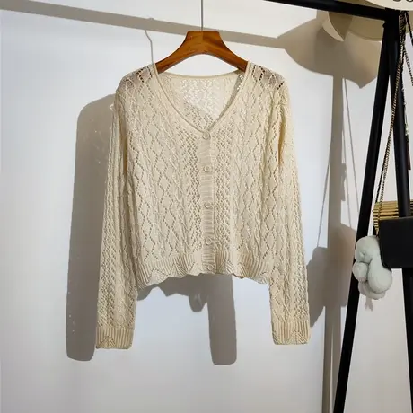 镂空针织开衫女春夏新款v领显瘦吊带裙外搭长袖短款上衣披肩外套商品大图