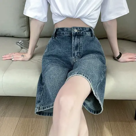 复古直筒牛仔短裤女2025夏季薄款高腰宽松显瘦阔腿遮胯五分中裤子商品大图