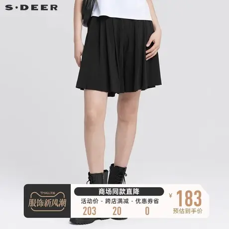 sdeer圣迪奥女装夏装短款简约插袋压褶阔腿裤黑色中裤S22280919图片