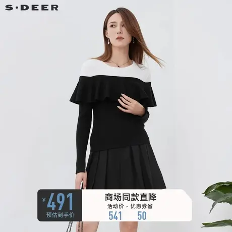 sdeer圣迪奥秋装女装罗纹圆领撞色拼接长袖针织衫S221Z3530图片