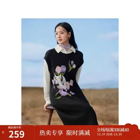 茵曼x米雷联名系列假两件连衣裙2023秋女装新款设计感绣花中长裙商品大图