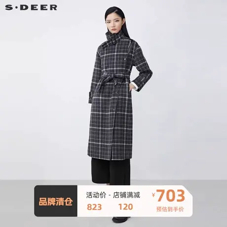 sdeer圣迪奥女装翻领撞色格纹拼接收腰长款毛呢大衣S21481832图片