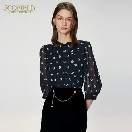 Scofield女装优雅法式印花衬衫褶皱领长袖雪纺衫夏季上衣商品大图