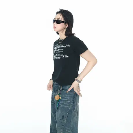 2025夏季新款正肩修身短款印花短袖T恤女潮酷辣妹ins风半袖上衣商品大图