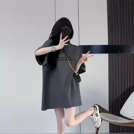 欧货中长款短袖t恤女ins潮2025年新款夏季纯棉遮肚子大版灰色上衣商品大图