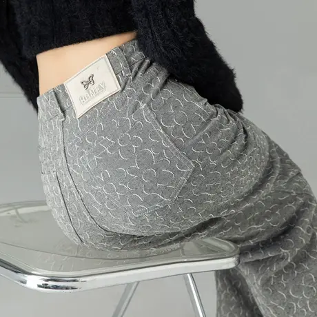 灰色提花牛仔裤女韩版时尚直筒裤子女2025年新款春秋季窄版阔腿裤商品大图