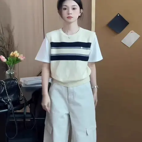 假两件条纹圆领冰丝针织衫短袖t恤女夏季韩系设计感小众正肩上衣图片