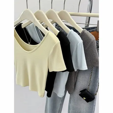 chic甜辣大领口露锁骨短袖T恤女夏季韩版修身显瘦V领短款正肩上衣商品大图