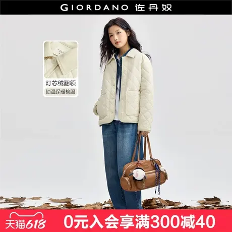 佐丹奴休闲外套女时尚小香风拼接灯芯绒菱格翻领棉衣夹克18374507商品大图