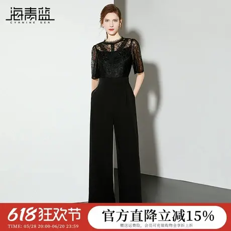 海青蓝2024新款气质女人味蕾丝荷叶袖拼接高腰显瘦连体阔腿裤长裤商品大图