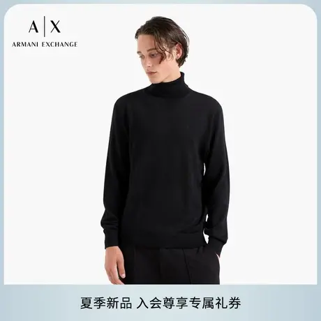 ARMANI EXCHANGE/阿玛尼男士老钱风全绵羊毛长袖高领套头黑色毛衣图片