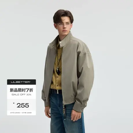 Lilbetter短宽版型哈灵顿夹克2025秋男士复古灰绿小立领落肩外套商品大图