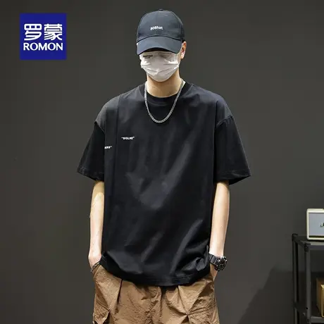 罗蒙潮牌男士简约短袖T恤衫2025夏季新款重磅圆领美式百搭上衣N1Z商品大图