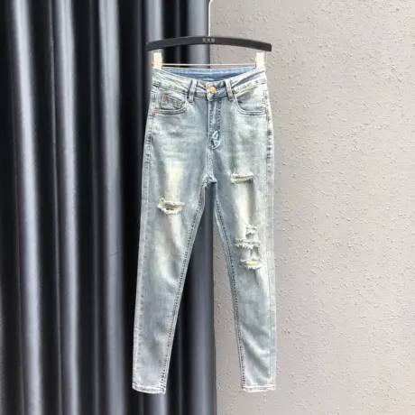 韩版休闲破洞牛仔裤2025春夏新款个性潮流女装修身显瘦铅笔裤长裤商品大图