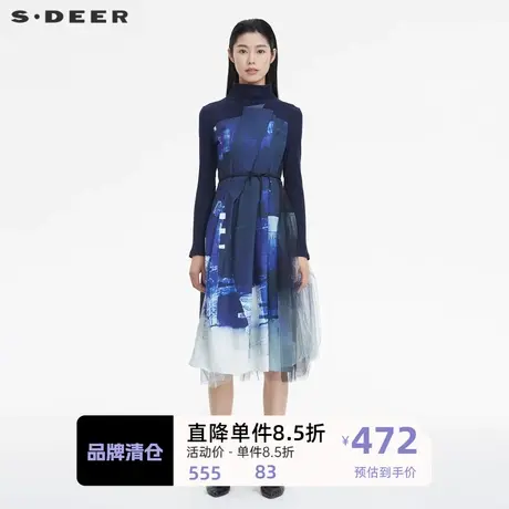 sdeer圣迪奥女装高领晕染网纱收腰长袖连衣裙S22181210🙃商品大图