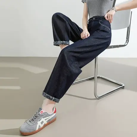 莱赛尔天丝棉哈伦牛仔裤女夏季薄款高腰小个子九分挽边深蓝弯刀裤图片