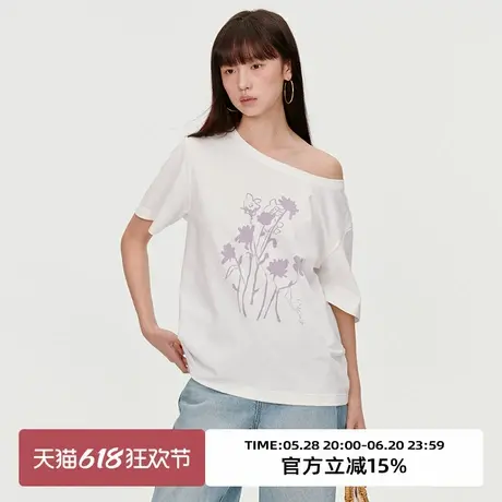 omont蛋挞家 复古斜肩印花短袖T恤2025夏季宽松休闲漏肩显瘦上衣商品大图