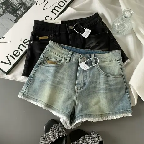 蕾丝花边弹力拼接牛仔短裤女韩版春夏款洋气百搭宽松a字阔腿热裤商品大图
