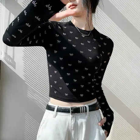 韩版蝴蝶结烫钻圆领指套长袖T恤女时尚小众修身显瘦正肩别致上衣图片