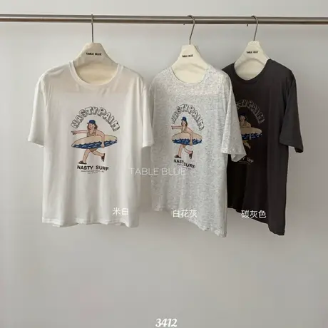 韩系洋气印花凉感雪花棉短袖T恤女夏季简约圆领正肩宽松百搭上衣商品大图