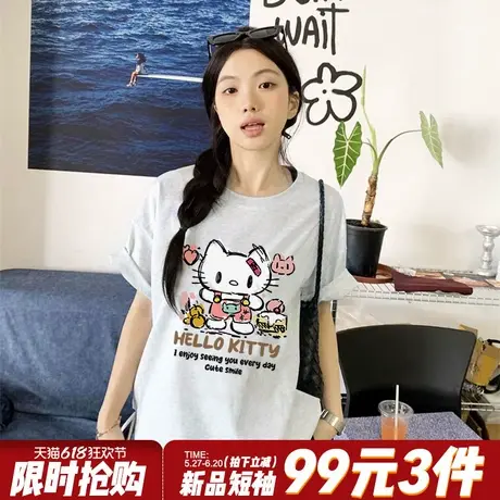 日系慵懒可爱风卡通凯蒂猫花灰色短袖t恤女宽松韩版减龄显瘦上衣商品大图