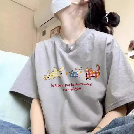 大码正肩胖mm卡通短袖t恤女夏季高级感多巴胺上衣ins潮牌半袖体恤商品大图
