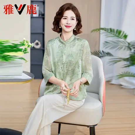 雅鹿夏季薄款国风衬衫七分袖中老年妈妈印花上衣宽松百搭休闲小衫商品大图