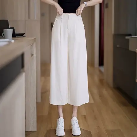透气麻料八分阔腿裤女2025夏季薄款舒适直筒裤高腰显瘦百搭休闲裤商品大图