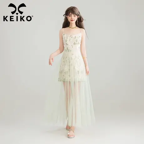 KEIKO [重工刺绣] 法式纯欲薄纱拼接吊带裙夏日绝美碎花连衣裙子商品大图