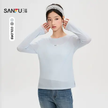 三福长T恤2025秋季时尚网纱拼接圆领打底长袖上衣女装504821图片