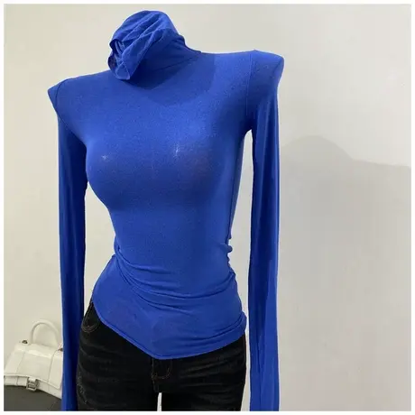 薄款柔软～韩版堆堆领长袖T恤高领打底衫女修身微透上衣秋冬新款图片