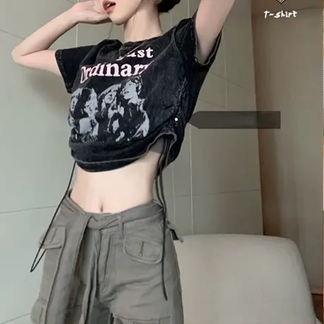 美式复古短袖T恤女夏季新款水洗做旧高级感ins潮牌短款露脐上衣女商品大图