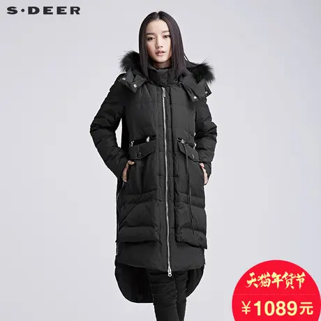 sdeer圣迪奥2018冬装简约廓形侧边开衩毛领长款羽绒服女S16482468图片