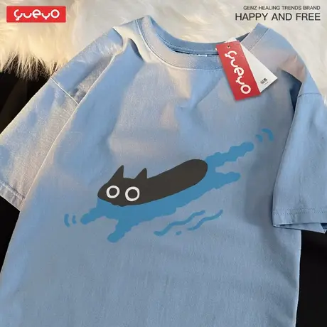 悦游 游泳黑猫 猫咪潜水落肩短袖T恤男透气休闲纯棉宽松商品大图