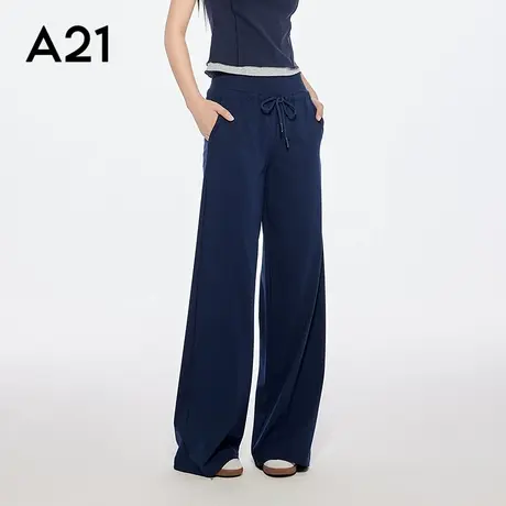 A21女装宝蓝色休闲裤简约设计感松紧腰细带直筒长裤气质百搭宽松商品大图