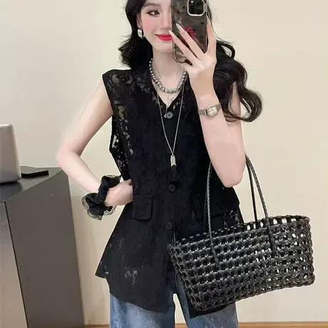 黑色蕾丝镂空衬衫马甲女2025新款夏季轻奢高级感外搭开衫无袖上衣图片