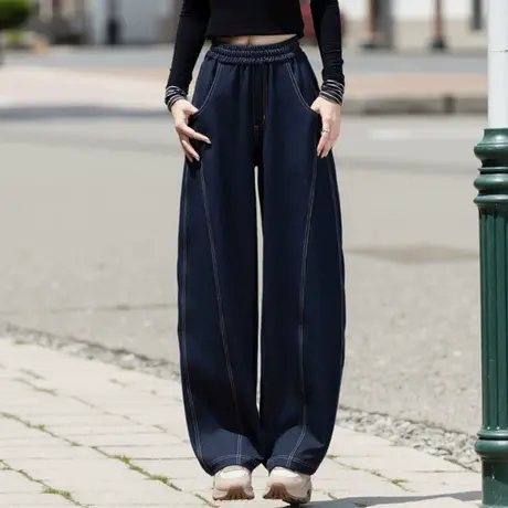 丹宁蓝休闲裤女2025新款镰刀裤直筒阔腿裤小个子香蕉裤西装裤垂感商品大图