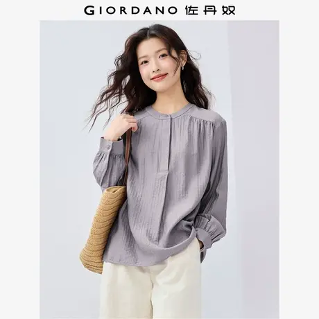 佐丹奴衬衫女装肩膀压褶圆领半开筒梭织长袖休闲衬衫 05345103商品大图