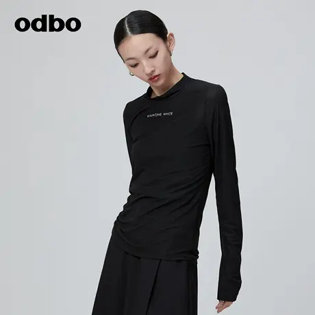 odbo/欧迪比欧原创设计烟管领抽绳长袖t恤女秋装新款内搭上衣图片