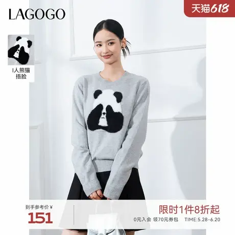 LAGOGO圆领宽松毛衣女拉谷谷2024冬季新款熊猫图案格雷系针织上衣商品大图
