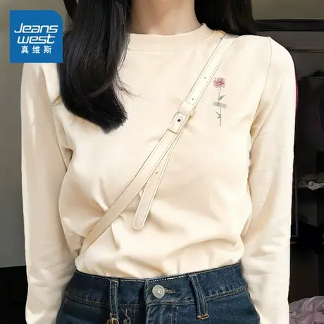 KMV真维斯国风纯棉正肩长袖t恤女2025新款春夏中国风内搭打底衫女商品大图